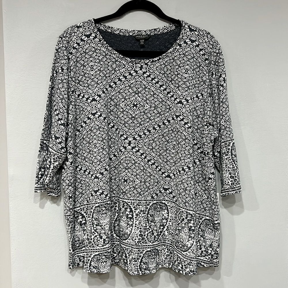 Lucky Brand 2X Top Blouse Blue White Paisley Floral 3/4‎ Sleeve Womens